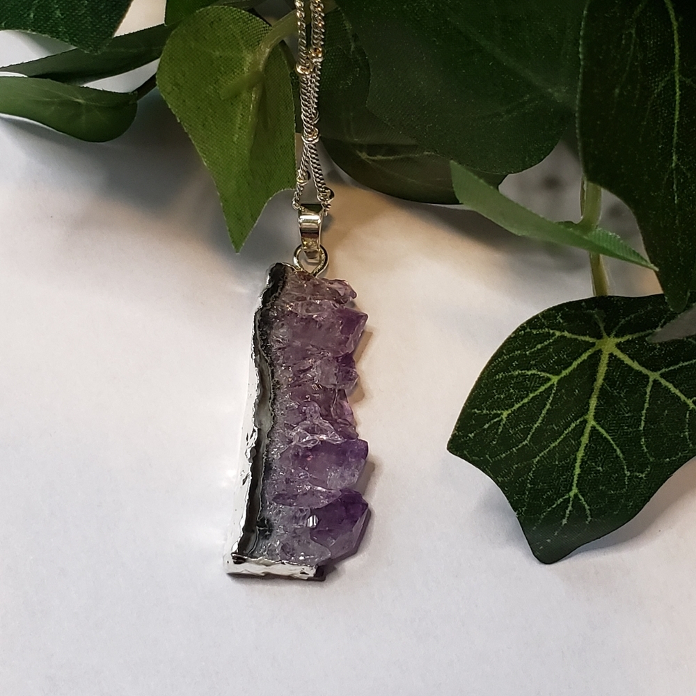 Raw Amethyst Slice Stalactite Silver Boho Necklace
